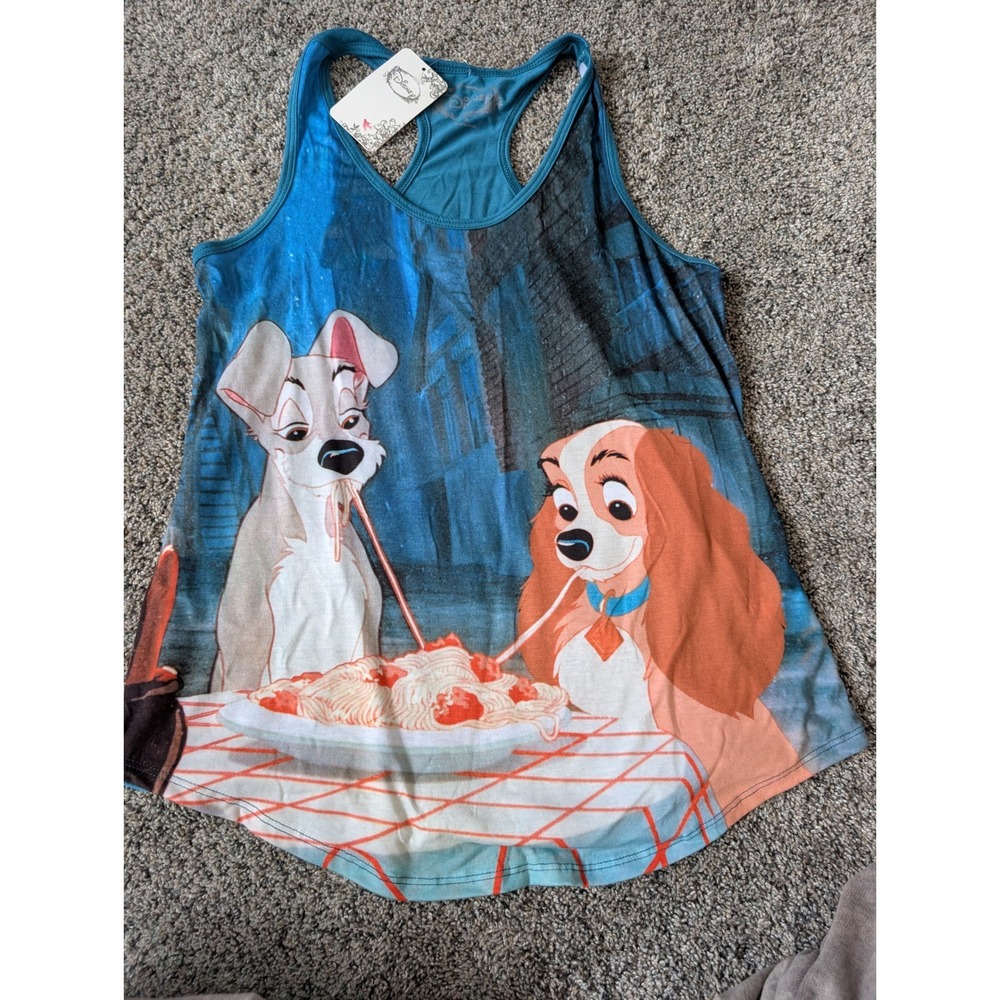 Disney Lady and the Tramp Spaghetti Scene Graphic Racerback Tank Top Blue‎ M NWT